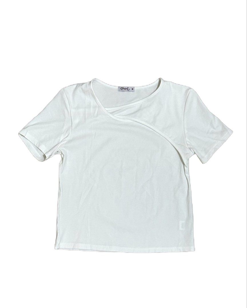 ohani basic white top with overlap design (Category: Shirts) located in Manila. Submitted by nikkishops (Listing ID 1466031839, Image 1). Description: M on tag, can fit up to L :).