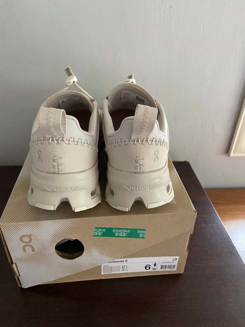On Cloudaway 2 Sand Ice (Category: Sneakers) located in Manila. Submitted by lnt05 (Listing ID 1465977636, Image 3). Description: - Model: On Cloudaway 2 - Colorway: Sand Ice (Neutral Beige) - Size: Women's US 6 / EU 37 / UK 4 - Condition: Brand new, worn ONCE only outside, clean soles - Features: Signature speed lacing system, textured stitching, and Helion superfoam midsole for all-day comfort - Inclusions: Original shoe box * bought from Hong 