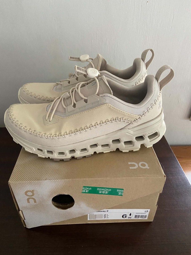 On Cloudaway 2 Sand Ice (Category: Sneakers) located in Manila. Submitted by lnt05 (Listing ID 1465977636, Image 2). Description: - Model: On Cloudaway 2 - Colorway: Sand Ice (Neutral Beige) - Size: Women's US 6 / EU 37 / UK 4 - Condition: Brand new, worn ONCE only outside, clean soles - Features: Signature speed lacing system, textured stitching, and Helion superfoam midsole for all-day comfort - Inclusions: Original shoe box * bought from Hong 