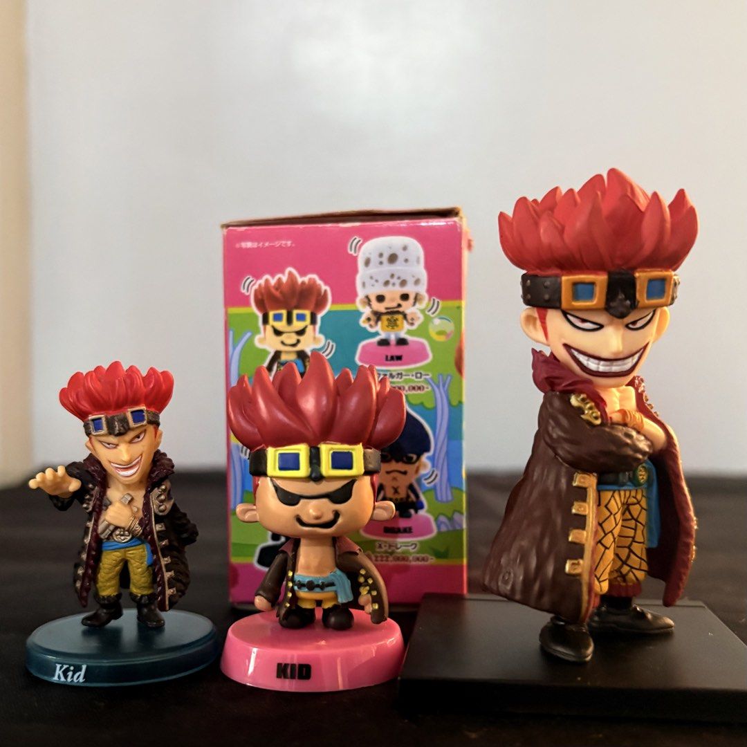 One Piece Eustass Kid Figure Collection Set (Category: Figurines & Statues) located in Manila. Submitted by tj.merch (Listing ID 1466040286, Image 1). Description: - Lot of 3 Eustass Kid figures (One Piece) - Includes cute chibi styles and 1 standard detailed version - Comes with a pink mystery box packaging - Great for anime fans and figure collectors - Sold as a bundle (grab all together).