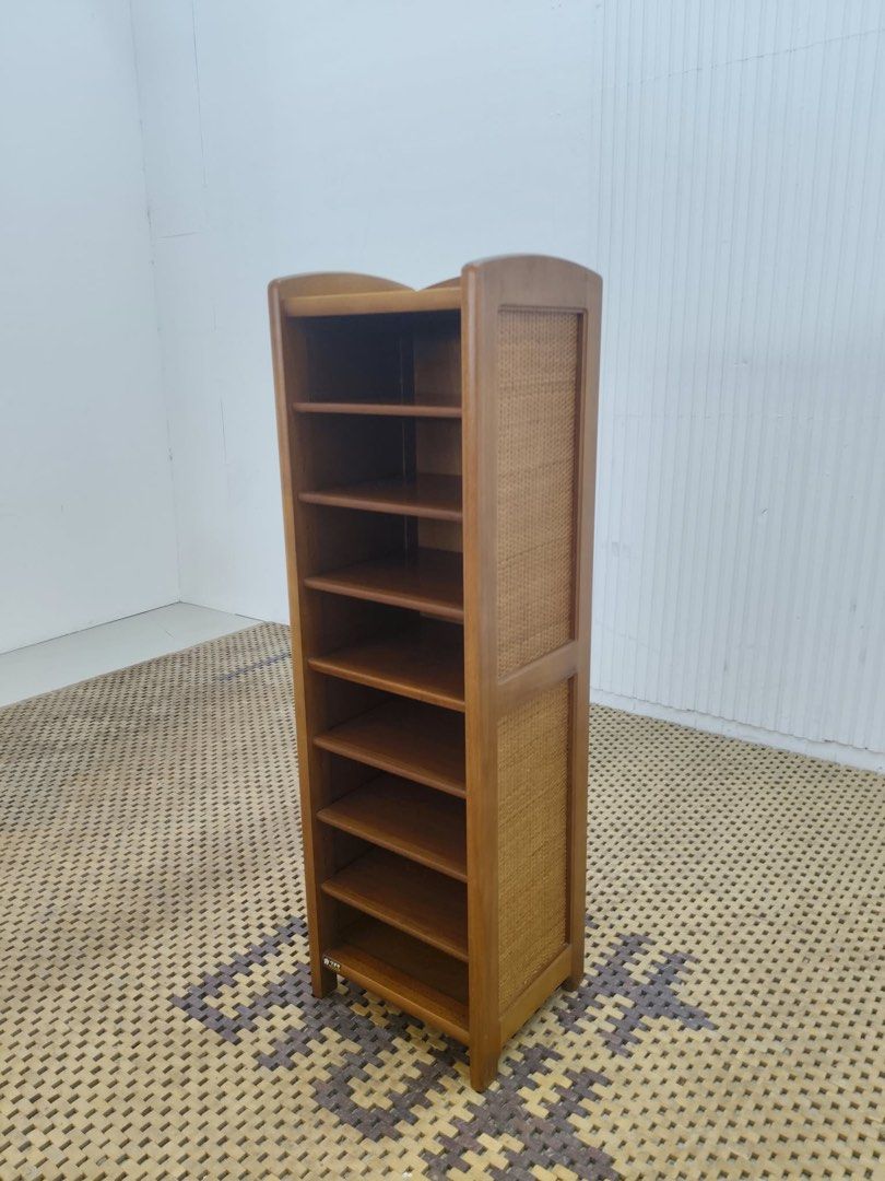Open shelves (Category: Shelves, Cabinets & Racks) located in Quezon City. Submitted by matetdevis13 (Listing ID 1466021914, Image 1). Description: KARIMOKU Vintage Wooden Rattan Bookshelf – Multi-Tier Storage Shelf Price: 3,900 L11.5 x W10 x H37.5 In good condition Code JMD17-MJ349.