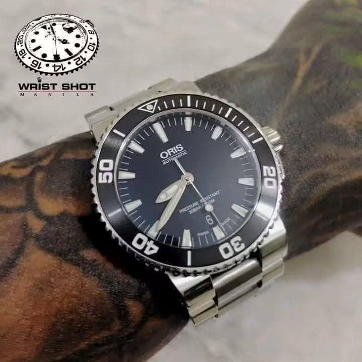 Oris Aquis 43 (Category: Everything Else Others) located in Quezon City. Submitted by wristshotmanila (Listing ID 1466040388, Image 1). Description: Oris Aquis 43 53,500 pesos Complete set Ceramic Bezel Crystal: sapphire Date window Year: 2013 Reference: 0173376534154-0782601PEB Rating: 9/10 Local AD Dial: black Case: 43mm Bracelet: 7.75 inches Unit, box, double box, card, manual, IG: @wrist_shot_manila TikTok: @wristshotmanila #oris #orisaquis #