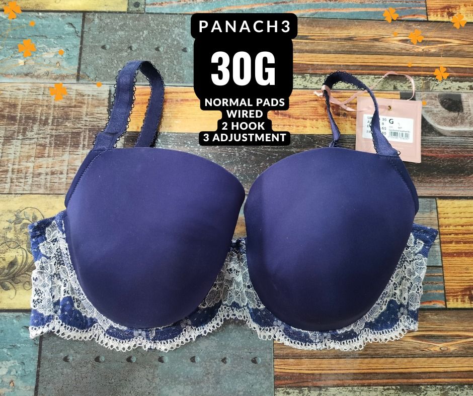 Panache Bra 30G Navy Blue Wired Normal Pads (Category: Undergarments & Loungewear) located in Manila. Submitted by siashop. (Listing ID 1466002909, Image 1). Description: - Brand: Panache - Size: 30G - Color/Design: Deep navy blue with white lace trim underneath - Features: Wired, normal padding, great supportive fit - Closure: Two-hook back closure with three adjustment levels - Best for: Daily wear.