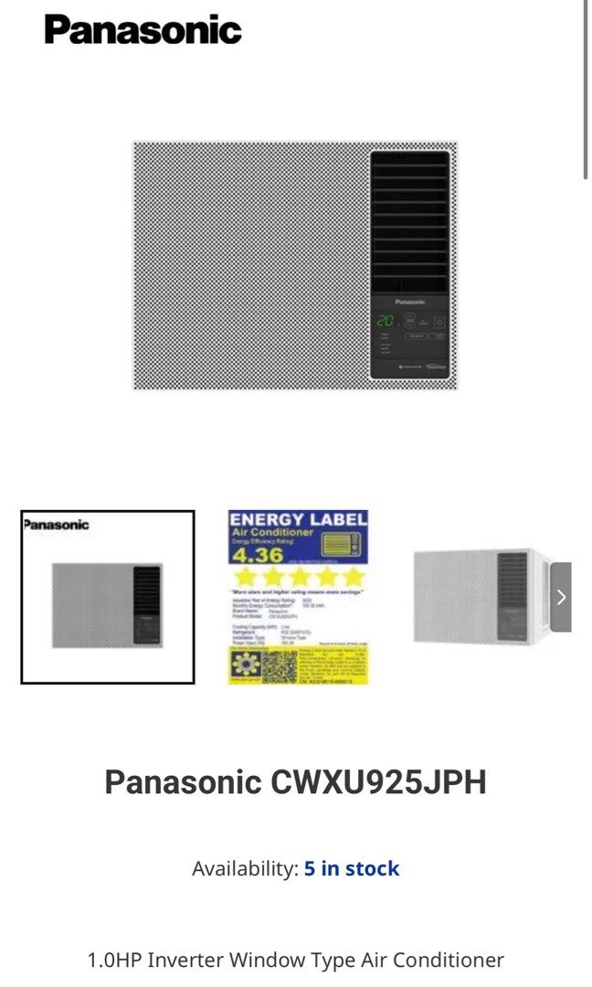 Panasonic Inverter Window Type Aircon (Category: Air Conditioning and Heating) located in Quezon City. Submitted by joshannet64895 (Listing ID 1465969650, Image 2). Description: Panasonic CWXU925JPH 1 hp window-type, Inverter, ALL DC Motor Used twice only. With receipt and warranty RFS: need to upgrade to 1.5hp Price is still negotiable.