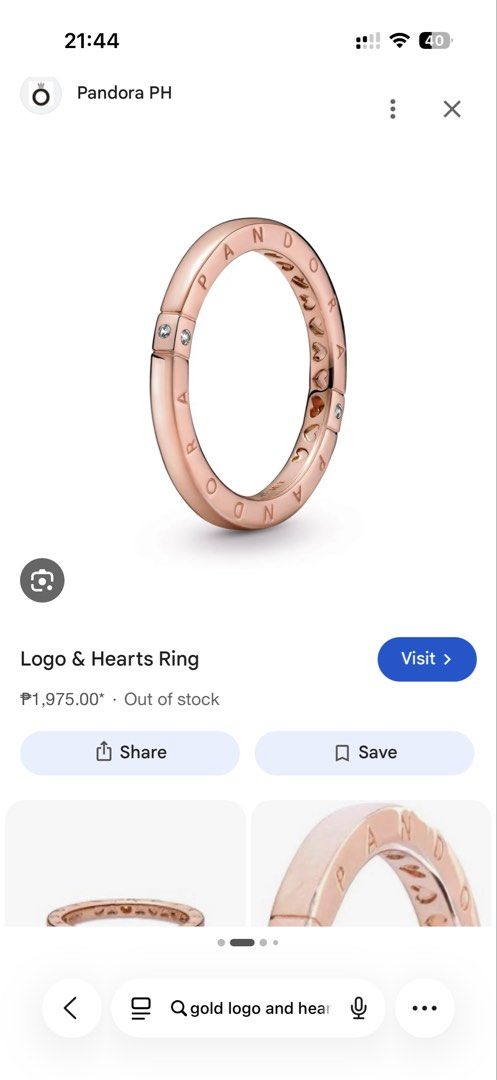[RUSH] Pandora Rose Gold Logo & Hearts Ring (Category: Rings) located in Dasmarinas. Submitted by declutter.mai (Listing ID 1466100343, Image 1). Description: - Authentic Pandora Rose Gold Ring - Features sparkling clear cubic zirconia stones with square framing - Adorned with sweet cutout hearts along the inner band - Signature Pandora logo engraved subtly on the sides - Sleek, stackable design with polished outer edges - Condition: Excellent / 