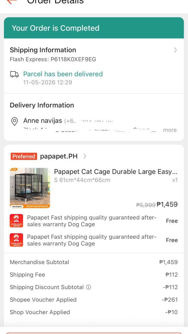 Papapet Cat Cage Durable Large Easy Assembly (Category: Health & Grooming) located in Quezon City. Submitted by judyannaragonnavijas2116 (Listing ID 1466099389, Image 1). Description: - Brand: Papapet Cat Cage (Black) - Size: 61cm x 44cm x 66cm (2 layers) - Condition: Like new, recently delivered and assembled - Material: Sturdy metal wire build - Mobility: Equipped with wheels for easy moving - Features: Includes internal platforms and ramps - I