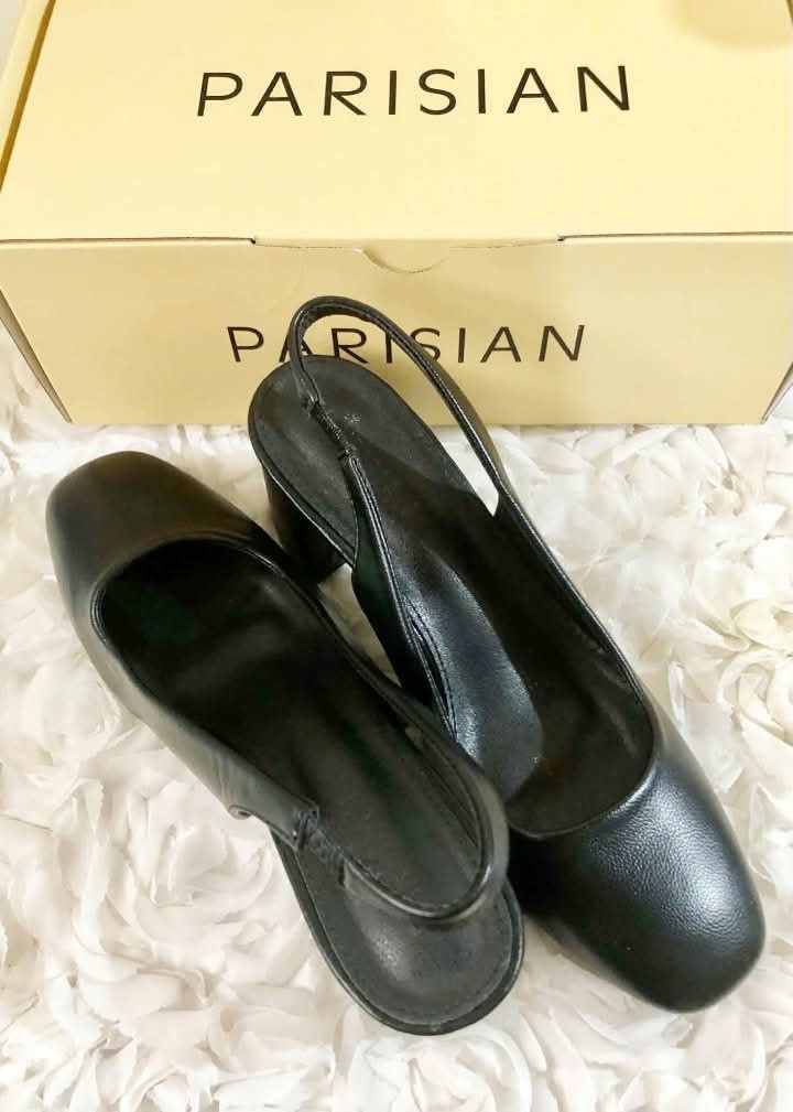 Parisian Black Slingback Heels With Block Heel (Category: Heels) located in Imus. Submitted by sharislane (Listing ID 1465979681, Image 3). Description: - Brand: Parisian - Color: Classic Black - Style: Slingback heels with closed round toe - Heel: Sturdy block heel - Fit: Elastic back strap for easy slip-on - Inclusion: Comes with original branded shoebox - Versatility: Perfect for work or going out 🛖. Original Parisian preloved shoes. Used onc