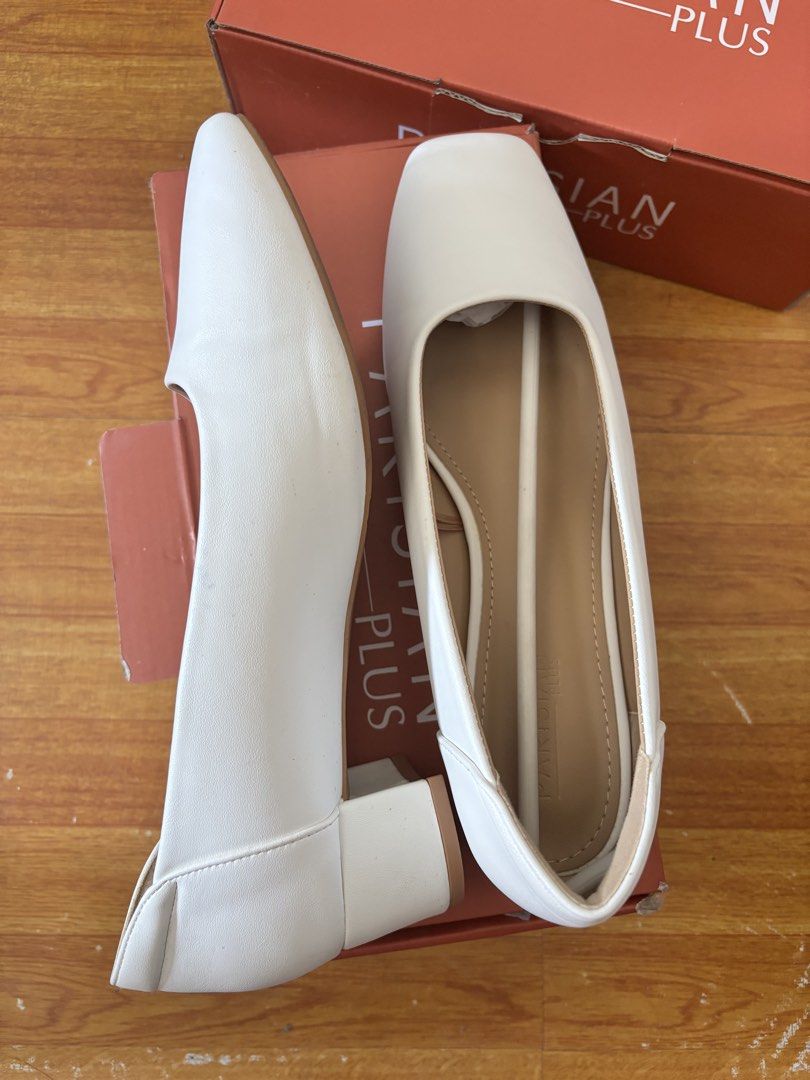 Parisian Plus Lara White Heels Size 12 (Category: Heels) located in Talisay. Submitted by clarelaureano (Listing ID 1466063301, Image 2). Description: - Brand: Parisian Plus (Lara Heels) - Color: White - Size: USA 12 / EUR 42 - Style: Slip-on with square toe and block heel - Condition: Used 3x - Inclusions: Original box, protective paper, and cardboard inserts 💖 Used 3x only: pinning, graduation, oathtaking 💖 Can arrange meet-ups depending on a