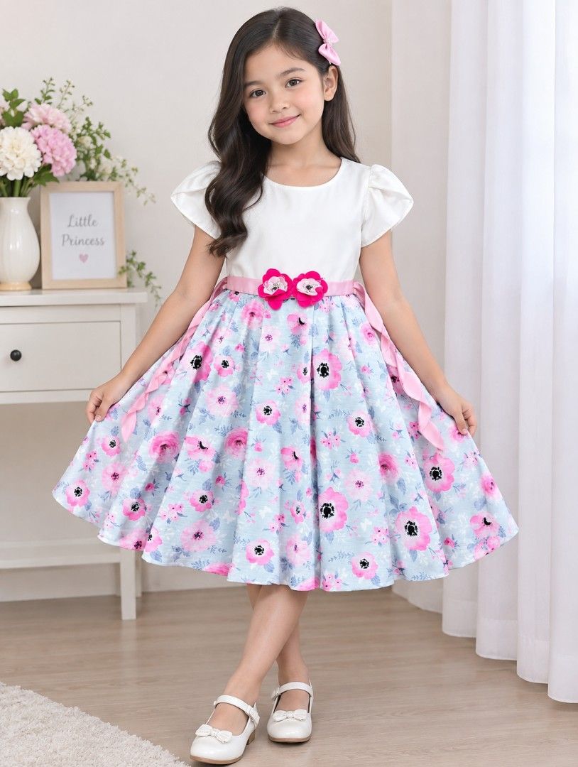 Periwinkle Floral Dress Size 8Y (Category: Babies & Kids Fashion) located in Angeles City. Submitted by heartfaveph. (Listing ID 1466070537, Image 2). Description: - Brand: Periwinkle - Size: 8 years - Design: White short-sleeve top paired with a light blue floral skirt - Details: Cute pink flower decorations on the waist sash and matching side ties - Occasion: Ideal for parties, weddings, and special events - Condition: Excellent pre-loved condi