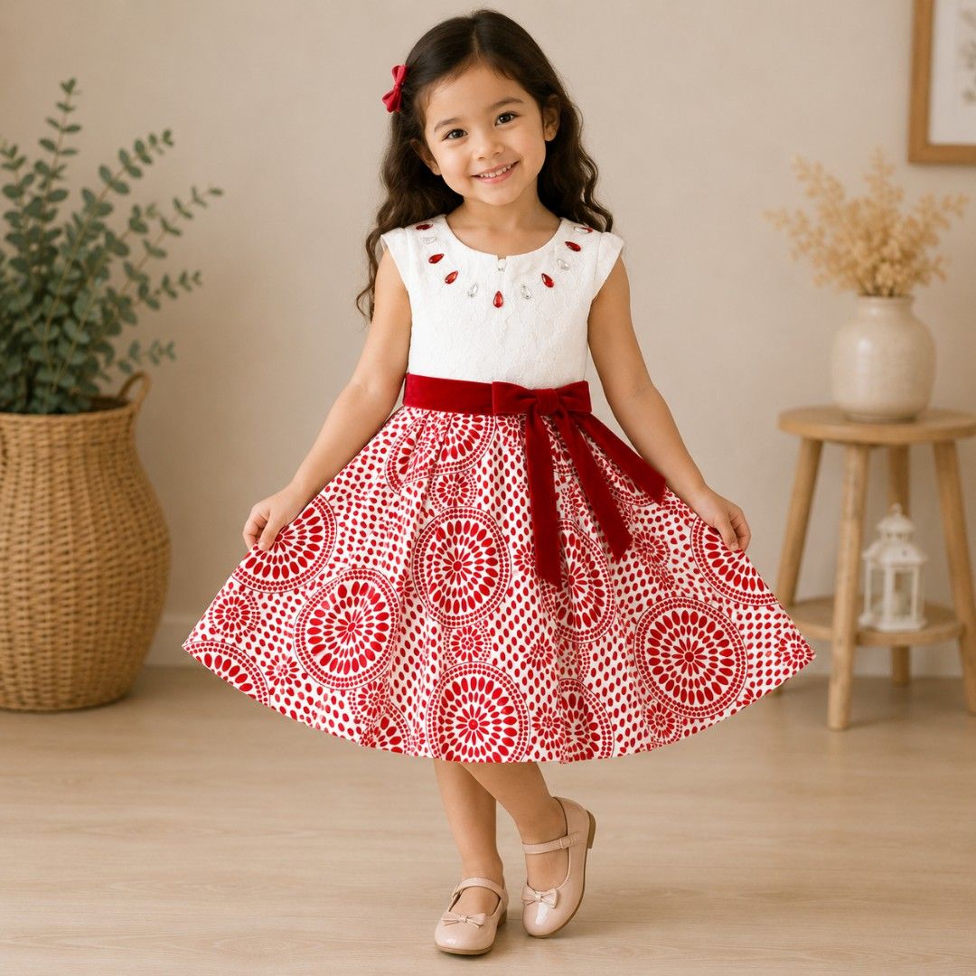 Periwinkle Red and White Patterned Dress Size 4Y (Category: Babies & Kids Fashion) located in Angeles City. Submitted by heartfaveph. (Listing ID 1466060140, Image 1). Description: - Brand: Periwinkle - Condition: like new - Design: White lace bodice with sparkly red gem neckline, attached red velvet waist sash with front bow - Skirt: Flared with a bold red and white geometric medallion pattern - Closure: Easy back zipper.