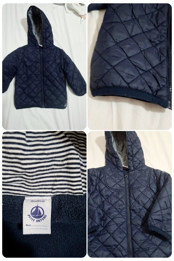 Petit Bateau Navy Quilted Puffer Hooded Jacket (Category: Babies & Kids Fashion) located in Taguig. Submitted by wolffangs (Listing ID 1466004987, Image 1). Description: - Brand: Petit Bateau (bought in Japan) - Size: 18months / 81cm - Color/Design: Navy with classic diamond outer pattern - Lining: Warm navy fleece inside the body - Hood: Attached hood with cute striped inner fabric - Closure: Full front zip.