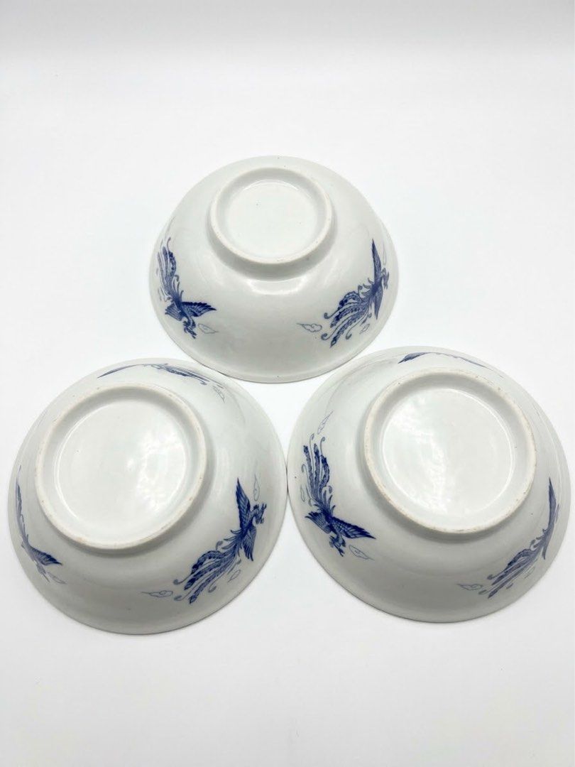 Phoenix ceramic bowls (Category: Other Kitchenware & Tableware) located in Manila. Submitted by rlab_japan_thrift (Listing ID 1466054667, Image 2). Description: Vintage Blue & White Phoenix Ceramic Ramen/Soup Bowls (Set of 3) 💙🐦 A classic set of vintage blue-and-white porcelain ramen bowls featuring a pair of mythical phoenixes (Fenghuang) in flight, double happiness (Shuangxi) characters, and a traditional key-fret border. Perfect for serving 