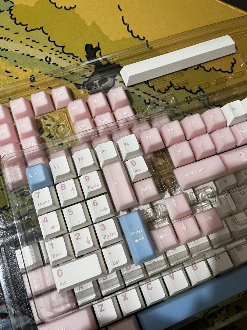 Pink White Keycaps (Category: Computer Keyboard) located in Bulacan. Submitted by lexareads (Listing ID 1466151921, Image 2). Description: - pink semi-transparent keycaps - complete set, with two spacebars (blue, white) - very cutesy and minimalist looking. - stored in a frosted zip bag, no longer has original packaging - with free keycap puller.
