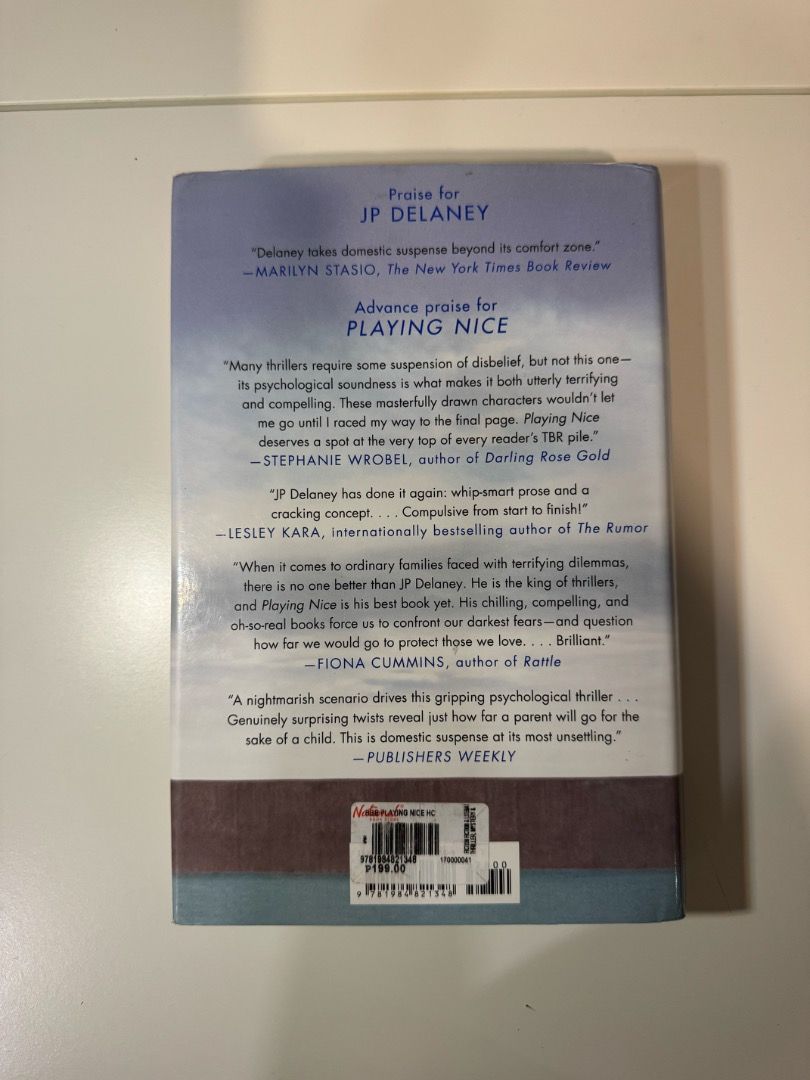 Playing Nice by JP Delaney (Thriller/Mystery)- Hardbound (Category: Storybooks) located in Quezon City. Submitted by pinkc0conut (Listing ID 1465961426, Image 2). Description: Playing Nice - Authentic copy - Flaw: foxing on the edges (see photos), cover is upside down (see last photo). with mark at the bottom - Mode of Payment: GCash, payment first.