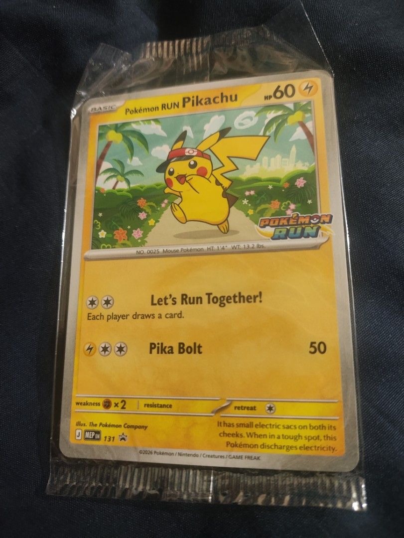 Pokemon Run 30th Anniversary Card (Category: Raw Singles) located in Manila. Submitted by .__.kin.__. (Listing ID 1466153767, Image 1). Description: Hi! I'm selling my pokemon card cause I do not have use for it. I'm adding a sticker I got, the drawstring bag, and the paper hat included in the run. This is an open bidding Open for meetups or delivery via JNT (delivery fee shouldered by buyer) 📍MOA, SM Manila, Robinson's Manila, Taft.