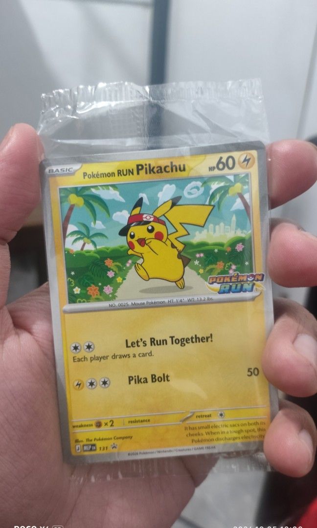 Pokemon Run Pikachu: Sealed (Category: Raw Singles) located in Manila. Submitted by jeptomas (Listing ID 1466003761, Image 1). Description: The Pokémon RUN Pikachu promo card is an exclusive, limited-edition Black Star Promo released in tandem with the official Pokémon RUN 30 event series. Distributed as a finisher reward for registered marathon participants upon crossing the finish line, this collectible card blends event-specific commemorative 