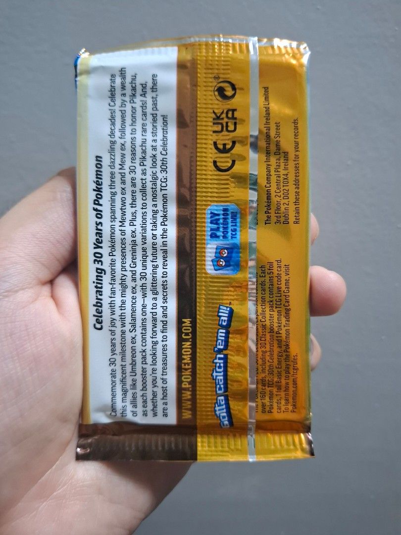 Pokémon 30th Celebration Booster Pack (English) (Sealed) (Category: Card Packs) located in Manila. Submitted by mc30592 (Listing ID 1466146258, Image 2). Description: Pokemon Run 30th Anniversary Booster Pack (Sealed) For sale: Php 1,200.00 MOP: GCash MOD: Lalamove or Angkas (within Metro Manila) or LBC cash on pickup (outside Metro Manila) Can do meetup at Petron Makati Avenue Buyer shall shoulder delivery fee Maximum of 1 day reservation No joy