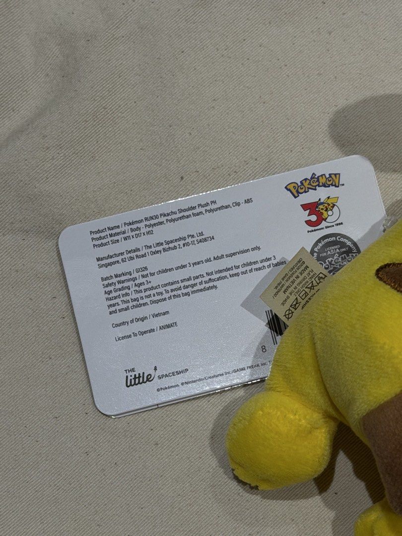 pokémon RUN30 pikachu shoulder plush (Category: Plushies & Soft Toys) located in Makati City. Submitted by _lilmisscib0 (Listing ID 1466089698, Image 3). Description: official Pokémon RUN merchandise.