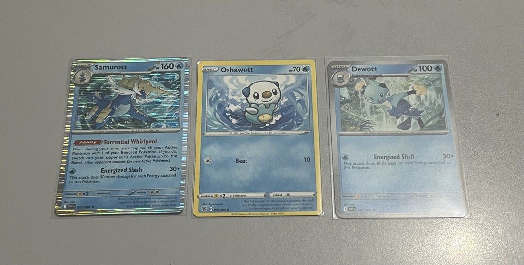 Pokémon TCG “Holo Rare Samurott, Oshawott, Dewott” Evolution Set (Category: Raw Singles) located in Quezon City. Submitted by pwrproductions (Listing ID 1465996656, Image 2). Description: .