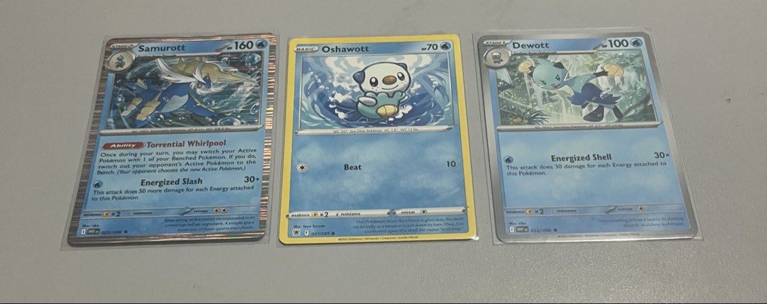 Pokémon TCG “Holo Rare Samurott, Oshawott, Dewott” Evolution Set (Category: Raw Singles) located in Quezon City. Submitted by pwrproductions (Listing ID 1465996656, Image 1). Description: .