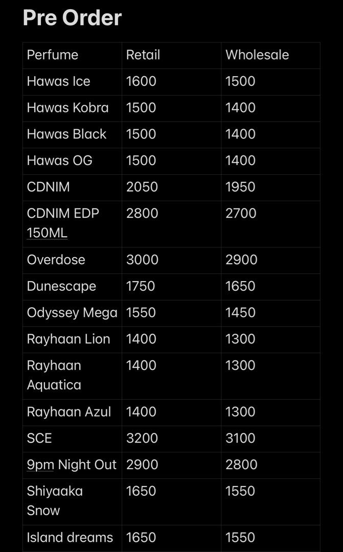Pre Order Hawas CDNIM 9pm Perfume (Category: Fragrance & Deodorants) located in Caloocan City. Submitted by scntdparfum (Listing ID 1466098460, Image 1). Description: - Pre-order list for popular and trending fragrances available now - Retail and wholesale pricing options offered - Fragrance selection includes: * Hawas Ice, Hawas Kobra, Hawas Black, Hawas OG * CDNIM & CDNIM EDP 150ml * Overdose & Duneescape * Odyssey Mega * Rayhaan Lion, Rayhaan 