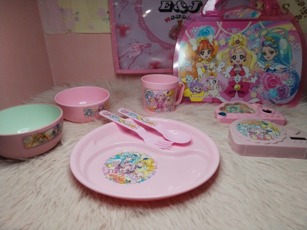 Precure Bundle (Category: Dinnerware & Cutlery) located in Paombong. Submitted by eandj.shop (Listing ID 1466047353, Image 2). Description: 🎀 Precure anime themed pink tableware set 🎀 Includes a sectioned plate, 2 bowls, mug, fork, and spoon 🎀 Precure clock 🎀 Precure Reminder Board.