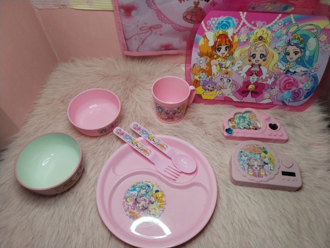 Precure Bundle (Category: Dinnerware & Cutlery) located in Paombong. Submitted by eandj.shop (Listing ID 1466047353, Image 3). Description: 🎀 Precure anime themed pink tableware set 🎀 Includes a sectioned plate, 2 bowls, mug, fork, and spoon 🎀 Precure clock 🎀 Precure Reminder Board.