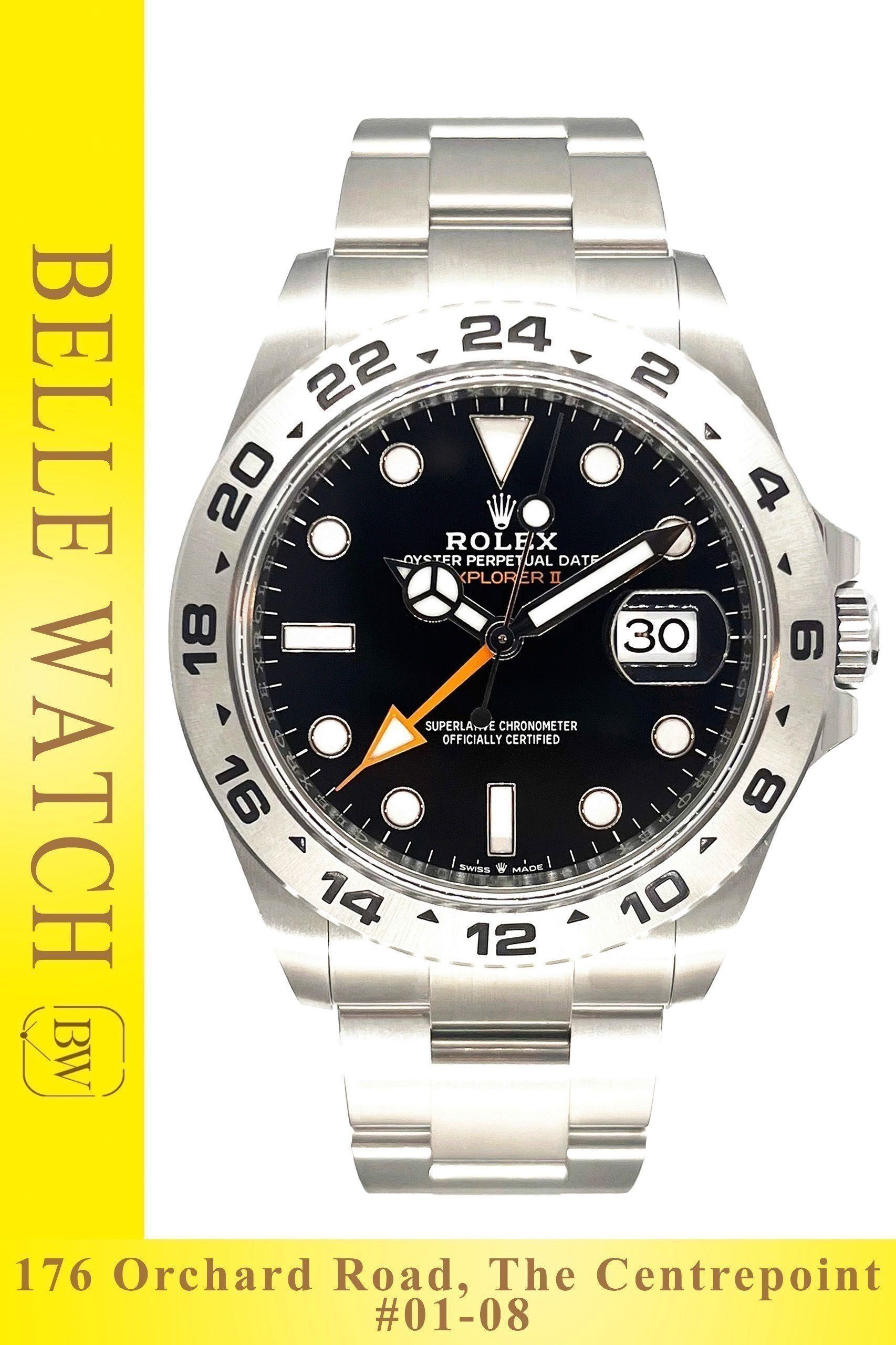 Preowned 2023 Rolex 226570 Explorer II Black Dial Stainless Steel Oyster Bracelet (Category: Watches) located in Singapore. Submitted by bellewatchsg (Listing ID 1466024320, Image 1). Description: Preowned 2023 Rolex 226570 Explorer II Black Dial Stainless Steel Oyster Bracelet ** Shop Based ** **Mint Condition, Like New** Case Size : 42MM Dated: October 2023 (Factory Agent Warranty Until October 2028) Dial: Black Bracelet Material: Stainless Ste
