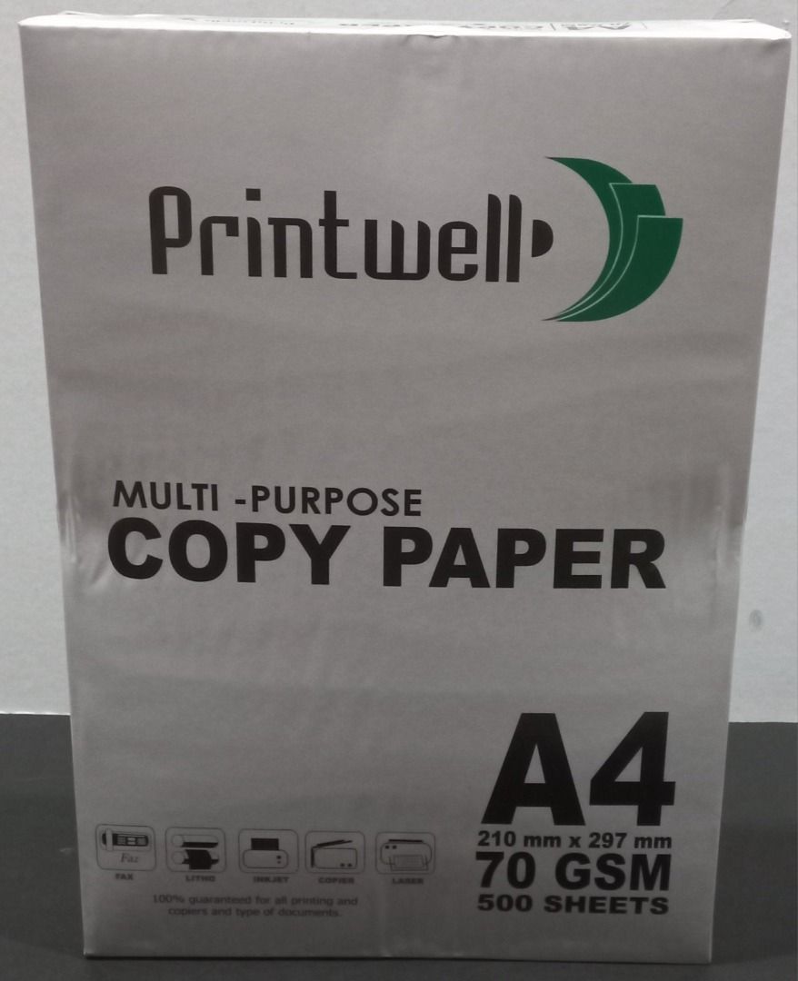 Printwell Multi-Purpose Copy Paper A4 70 GSM 500 Sheets (Category: Craft Supplies & Tools) located in Manila. Submitted by seller913 (Listing ID 1465972669, Image 1). Description: - Brand: Printwell - Size: Standard A4 (210 mm x 297 mm) - Thickness: 70 GSM - Quantity: 500 sheets per ream - Condition: Brand new, unopened, and clean original packaging - Best for: Everyday printing, copying, and faxing.