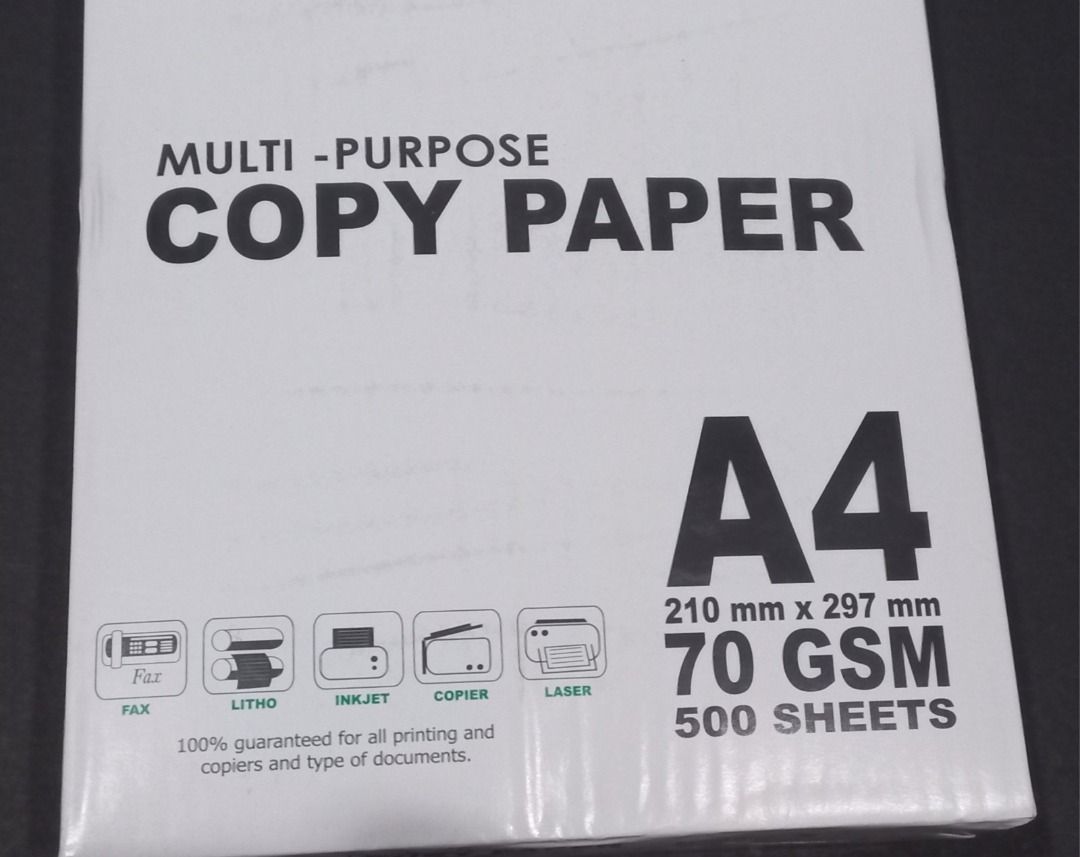 Printwell Multi-Purpose Copy Paper A4 70 GSM 500 Sheets (Category: Craft Supplies & Tools) located in Manila. Submitted by seller913 (Listing ID 1465972669, Image 2). Description: - Brand: Printwell - Size: Standard A4 (210 mm x 297 mm) - Thickness: 70 GSM - Quantity: 500 sheets per ream - Condition: Brand new, unopened, and clean original packaging - Best for: Everyday printing, copying, and faxing.