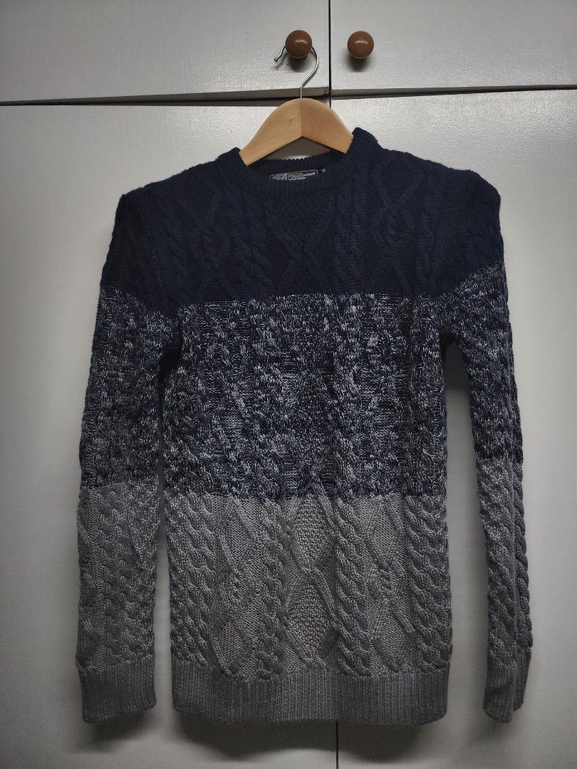 PSGB Garment ombre cable knit sweater Size M (Category: Coats, Jackets and Outerwear) located in Manila. Submitted by ybn15 (Listing ID 1466122017, Image 1). Description: - Brand: PSGB (Taiwan Brand) - Size: M - Design: Blue and grey gradient across body and sleeves - Material/Texture: Thick textured cable knit - Details: Ribbed cuffs and collar - Condition: Great piece for colder weather (autumn or winter wear). Pristine condition. Wear only thr