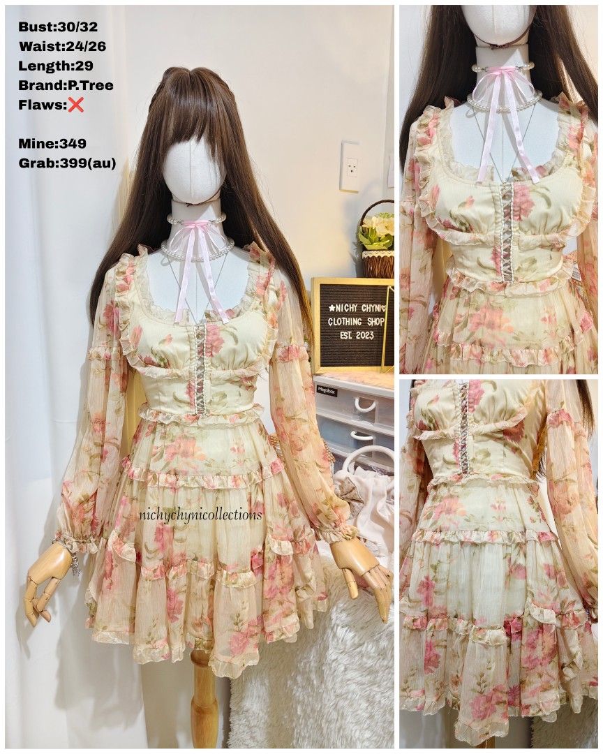 p.tree Floral Chiffon Ruffle Mini Dress (Category: Dresses) located in Manila. Submitted by chynii_28 (Listing ID 1466049476, Image 1). Description: - Brand: P.Tree - Design: Yellow floral print with pink flowers, long sheer sleeves, ruffled sweetheart neckline, and lace-up front detail - Style: Tiered mini dress - Measurements: Bust 30-32", Waist 24-26", Length 29" - Condition: 10/10, zero flaws, super clean and ready to wear!.
