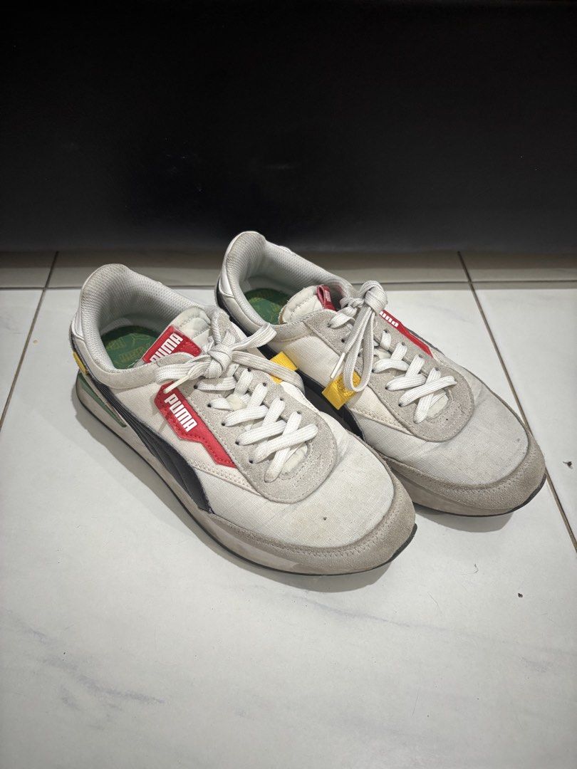 Puma Future Rider Play On White Red Green (Category: Sneakers) located in Cavite. Submitted by 1renek (Listing ID 1466099595, Image 1). Description: - Brand/Model: Puma Future Rider - Colorway: White canvas with grey suede, black formstrip, red/yellow accents, and green midsole block - Size: UK 7 / EUR 40.5 / US 8 / CM 26 - Origin: Made in Vietnam - Condition: Normal signs of wear on soles and uppers, still super comfortable and great for daily w