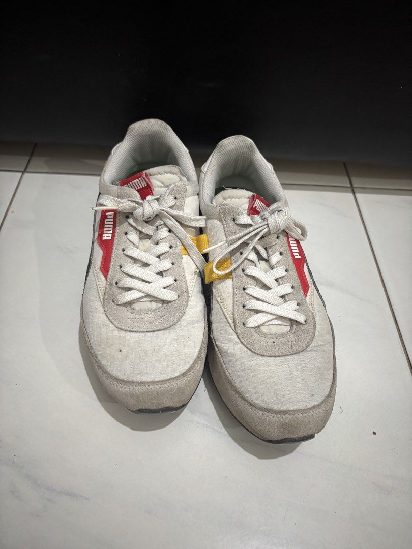 Puma Future Rider Play On White Red Green (Category: Sneakers) located in Cavite. Submitted by 1renek (Listing ID 1466099595, Image 3). Description: - Brand/Model: Puma Future Rider - Colorway: White canvas with grey suede, black formstrip, red/yellow accents, and green midsole block - Size: UK 7 / EUR 40.5 / US 8 / CM 26 - Origin: Made in Vietnam - Condition: Normal signs of wear on soles and uppers, still super comfortable and great for daily w