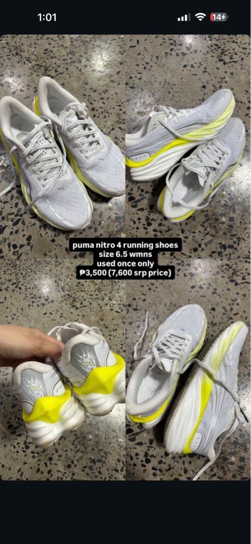 Puma Nitro Running Shoes Size 6.5 (Category: Sneakers) located in Manila. Submitted by anneglopezz (Listing ID 1465998069, Image 1). Description: - Brand: Puma - Color: White and yellow - Size: Women's US 6.5 - Condition: Worn only once, extremely fresh soles and uppers with zero heavy scuffs - Features: Great performance cushioning for daily miles or gym sessions - Price: 3,500 PHP (Original retail price: 7,600 PHP) - Status: Ready to ship, grab