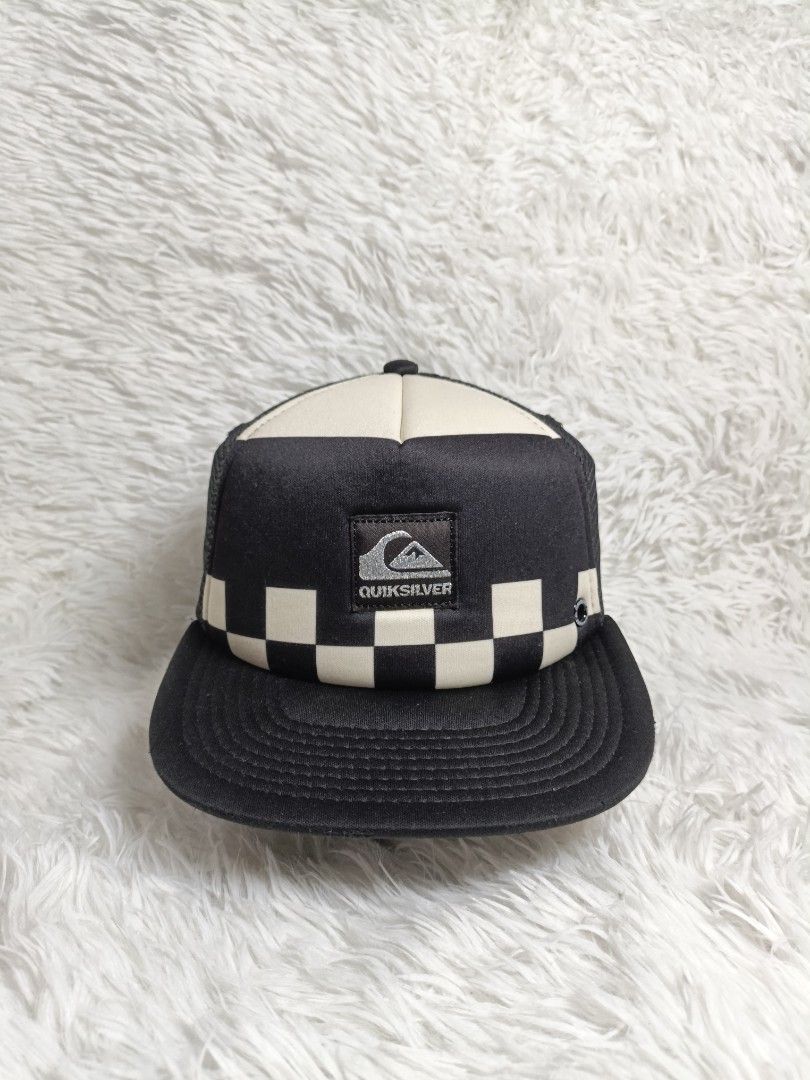 Quiksilver Checkered Trucker Hat Black White (Category: Caps & Hats) located in Imus. Submitted by grindhouse.thriftshop (Listing ID 1466122886, Image 1). Description: - Brand: Quiksilver - Design: Black and white checkerboard foam front with embroidered logo patch - Ventilation: Breathable black mesh back/sides and front eyelets - Brim: Flat brim design - Closure: Adjustable plastic snapback with brand tab - Condition: Excellent / Ready to wear 