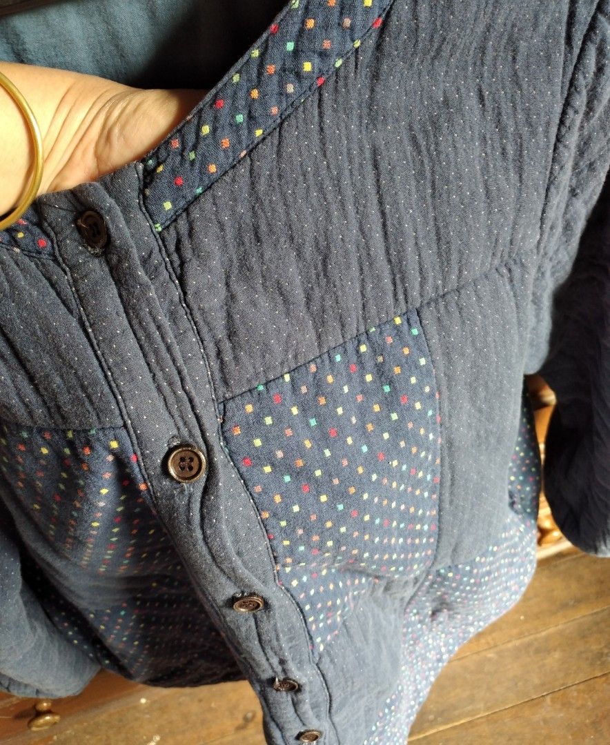 Quilted Cotton Patchwork Jacket Blue Polka Dot (Category: Coats, Jackets and Outerwear) located in Baguio. Submitted by tipiditis (Listing ID 1466032999, Image 3). Description: - Style: Blue quilted jacket with multi-colored polka dot patchwork details - Closure & Cuffs: Button-down front and long sleeves with button cuffs - Design: Round collar and convenient front pockets - Material: Textured cotton with soft padding inside for warmth - Fit: Co