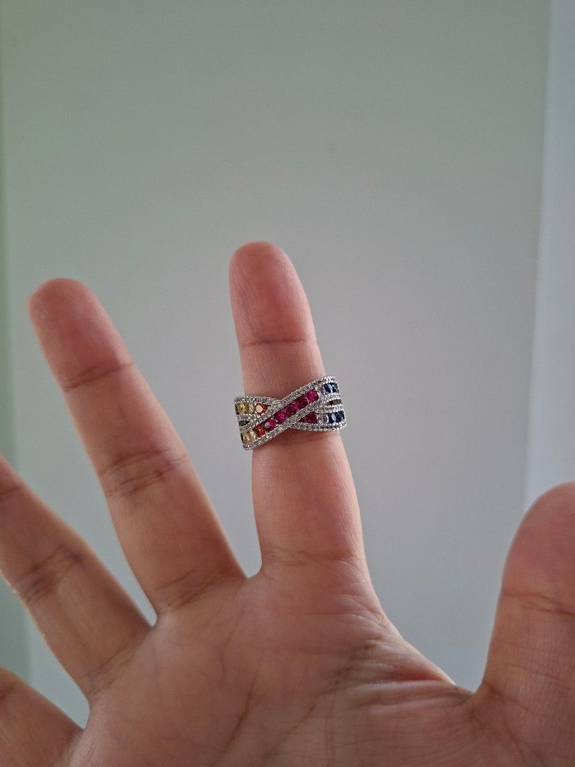 Rainbow Multicolor Stones Cross Design Silver Size 8 Ring (Category: Rings) located in Dasmarinas. Submitted by danabrie22 (Listing ID 1466030234, Image 3). Description: size 8 very well-made, excellent crafstmanship 10/10 condition brand new stainless steel & multi-colored cubic zirconia stones made in Hongkong.