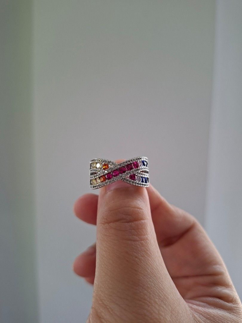 Rainbow Multicolor Stones Cross Design Silver Size 8 Ring (Category: Rings) located in Dasmarinas. Submitted by danabrie22 (Listing ID 1466030234, Image 2). Description: size 8 very well-made, excellent crafstmanship 10/10 condition brand new stainless steel & multi-colored cubic zirconia stones made in Hongkong.