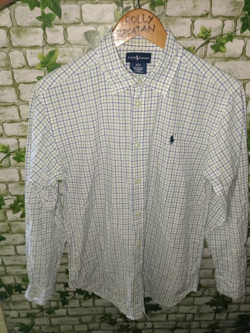 Ralph Lauren Checked Button-Down Long Sleeve Shirt Size L (Category: Formal Shirts) located in Carcar. Submitted by rolandobac92675 (Listing ID 1465983415, Image 2). Description: - Brand: Ralph Lauren - Size: L - Color/Pattern: White with green and blue check - Material: 100% Cotton - Fit: Regular fit with curved hem and button-down collar - Details: Signature embroidered pony logo on chest - Condition: Clean, excellent, and ready to wear.