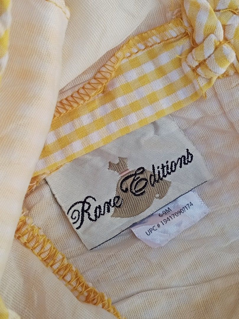 Rare Edition Bumblebee Dress (Category: Babies & Kids Fashion) located in Sipocot. Submitted by mszari (Listing ID 1465995339, Image 2). Description: Rare Editions Bumblebee Gingham Baby Dress (Size 6-9M) Price: ₱450 (OPEN FOR OFFER) Description: 🐝 Adorable Embroidered Bee Dress 🐝 • Brand: Rare Editions • Size: Infant 6-9 Months • Color: Sunny Yellow and White Gingham / Black Polka-Dot • Design: Sweet ruffle collar with a tiny black bow, scatte