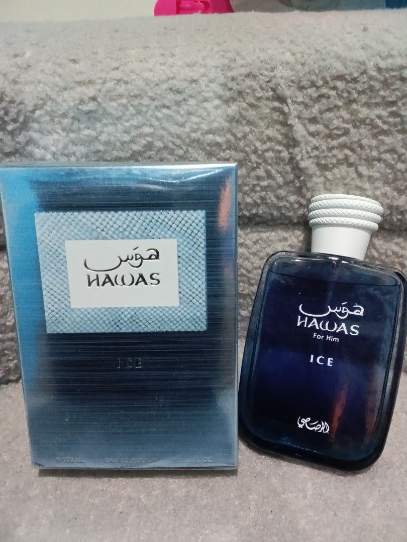 Rasasi Hawas Ice For Him Eau De Parfum 100ml (Category: Fragrance & Deodorants) located in Manila. Submitted by loveperfumes (Listing ID 1466051641, Image 1). Description: - Item: Rasasi Hawas Ice For Him Eau de Parfum - Size: 100ml / 3.4 FL.OZ - Condition: Brand new, unused, and sealed in original holographic box with plastic wrapping - Bottle Details: Dark blue glass with white cap and engraved Arabic lettering - Performance: Fresh bottle known
