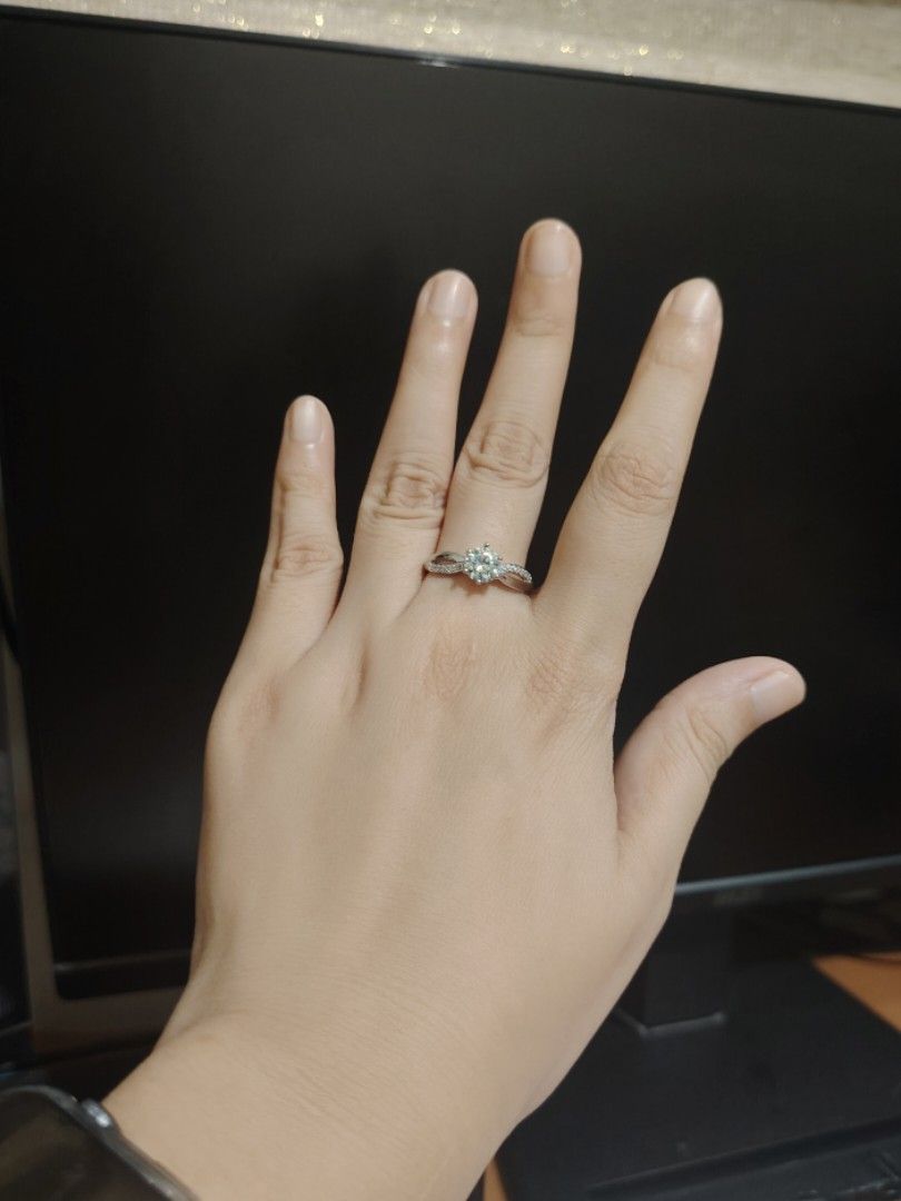Moissanite Bluish colored ring (Category: Rings) located in Caloocan City. Submitted by cherishedfinds (Listing ID 1466113762, Image 2). Description: - Tested Moissanite ring (pass diamond tester) - Adjustable - 18K White Gold plated, non tarnish non fade under proper care - Perfect for dummy engagement/wedding ring - Spend 500, get a freebie 🎁 You may add items from my other listings 💯.