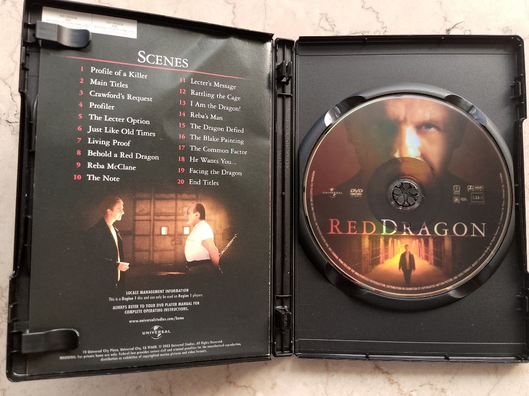 Red Dragon Collector's Edition DVD Full Screen (Category: CDs & DVDs) located in Pasig City. Submitted by joeysden (Listing ID 1466101734, Image 3). Description: - Title: Red Dragon Collector's Edition - Format: DVD (Full Screen, Region 1) - Cast: Anthony Hopkins, Edward Norton, Ralph Fiennes - Includes: Original case and disc - Special Features: Audio commentary, deleted scenes, and Hannibal Lecter's FBI case file - Condition: Well-kept, origina