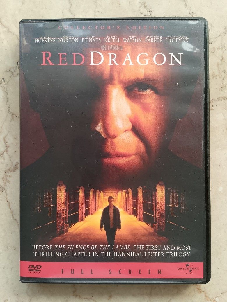 Red Dragon Collector's Edition DVD Full Screen (Category: CDs & DVDs) located in Pasig City. Submitted by joeysden (Listing ID 1466101734, Image 1). Description: - Title: Red Dragon Collector's Edition - Format: DVD (Full Screen, Region 1) - Cast: Anthony Hopkins, Edward Norton, Ralph Fiennes - Includes: Original case and disc - Special Features: Audio commentary, deleted scenes, and Hannibal Lecter's FBI case file - Condition: Well-kept, origina
