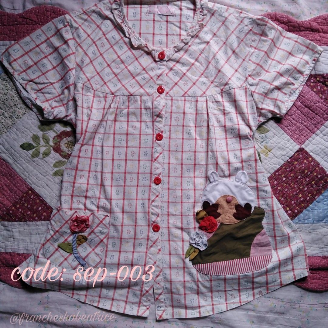 red plaid, patchwork, babydoll top (Category: Blouses) located in Butuan. Submitted by francheskabeatrice03 (Listing ID 1465998470, Image 1). Description: item is thrifted, all Damages are already fixed by the seller, good as new. size: M bust: 52.5cm length: 68cm.