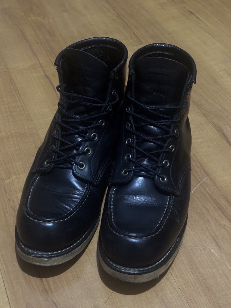 Red Wing 8130 Black Chrome Moc Toe Boots Size 10.5E (Category: Boots) located in Manila. Submitted by knshkho (Listing ID 1466086773, Image 2). Description: - Brand: Red Wing - Model: 8130 Classic Moc Toe Work Boots - Material: Black Chrome Leather - Sole: White Traction Tred Wedge Sole - Size: US 10.5E / UK 9.5 / EUR 44.0 / CM 28.5 - Origin: Made in USA - Inclusions: Black laces - Condition: Normal creasing across the toe box from wear, soles ha