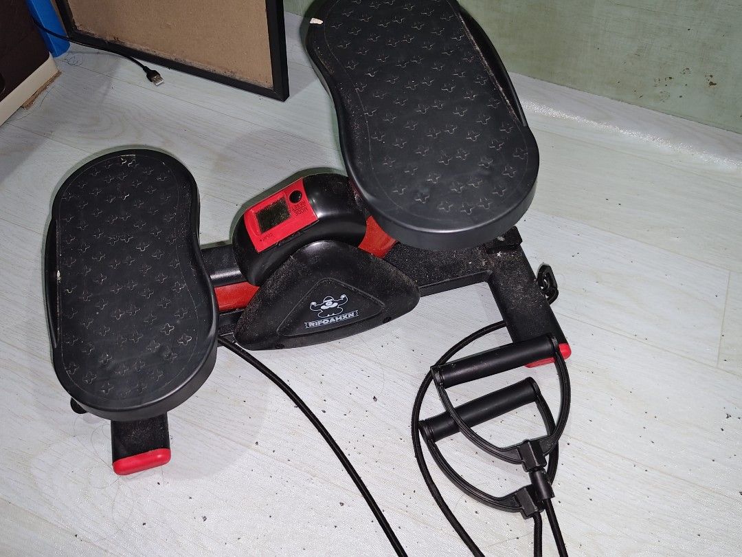Rifoamxn Mini Stepper with Resistance Bands (Category: Cardio & Fitness Machines) located in Manila. Submitted by engrkkkk (Listing ID 1466068151, Image 1). Description: - Type: Mini stepper with resistance bands - Color: Black and red - Features: Textured foot pedals for grip and a digital monitor to track progress - Condition: Minor dust from storage, otherwise excellent - Benefits: Great for home cardio and leg toning, compact size for easy st