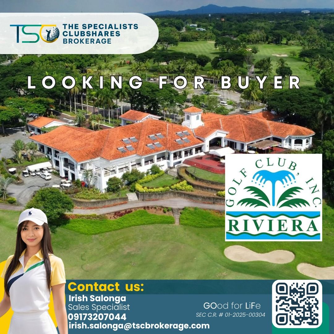 Riviera Golf Club Share Membership (Category: Golf) located in Muntinlupa City. Submitted by wisemountain_c41ced (Listing ID 1466031101, Image 1). Description: - Facility: Riviera Golf Club Inc. share for transfer - Features: Two championship golf courses and complete clubhouse amenities - Membership Type: Premium access - Contact Person: Irish Salonga - Mobile: 09173207044 - Email: irish.salonga@tscbrokerage.com.