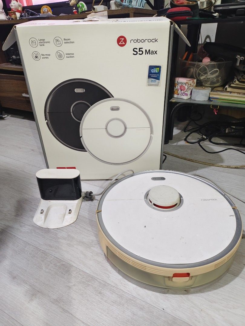 Roborock S5 Max Robot Vacuum Cleaner (Category: Vacuum Cleaner & Housekeeping) located in Manila. Submitted by paulaceejay14 (Listing ID 1465965146, Image 1). Description: - Model: Roborock S5 Max Robot Vacuum and Mop (White) - Condition: Excellent, comes with original box featuring the CES 2020 Innovation Award badge - Included: Charging dock, power cable, and original packaging - Key Features: Advanced Laser Distance Sensor (LDS) for mapping, p
